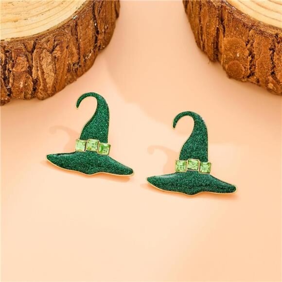 Glitter Witch Hat Earrings | Sparkly Green Statement Jewelry - Picture 5 of 5